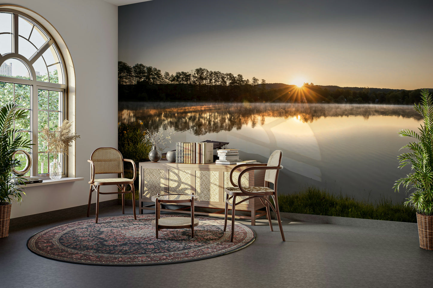 Tranquil Sunrise Reflection Over Serene Lake Wall Mural