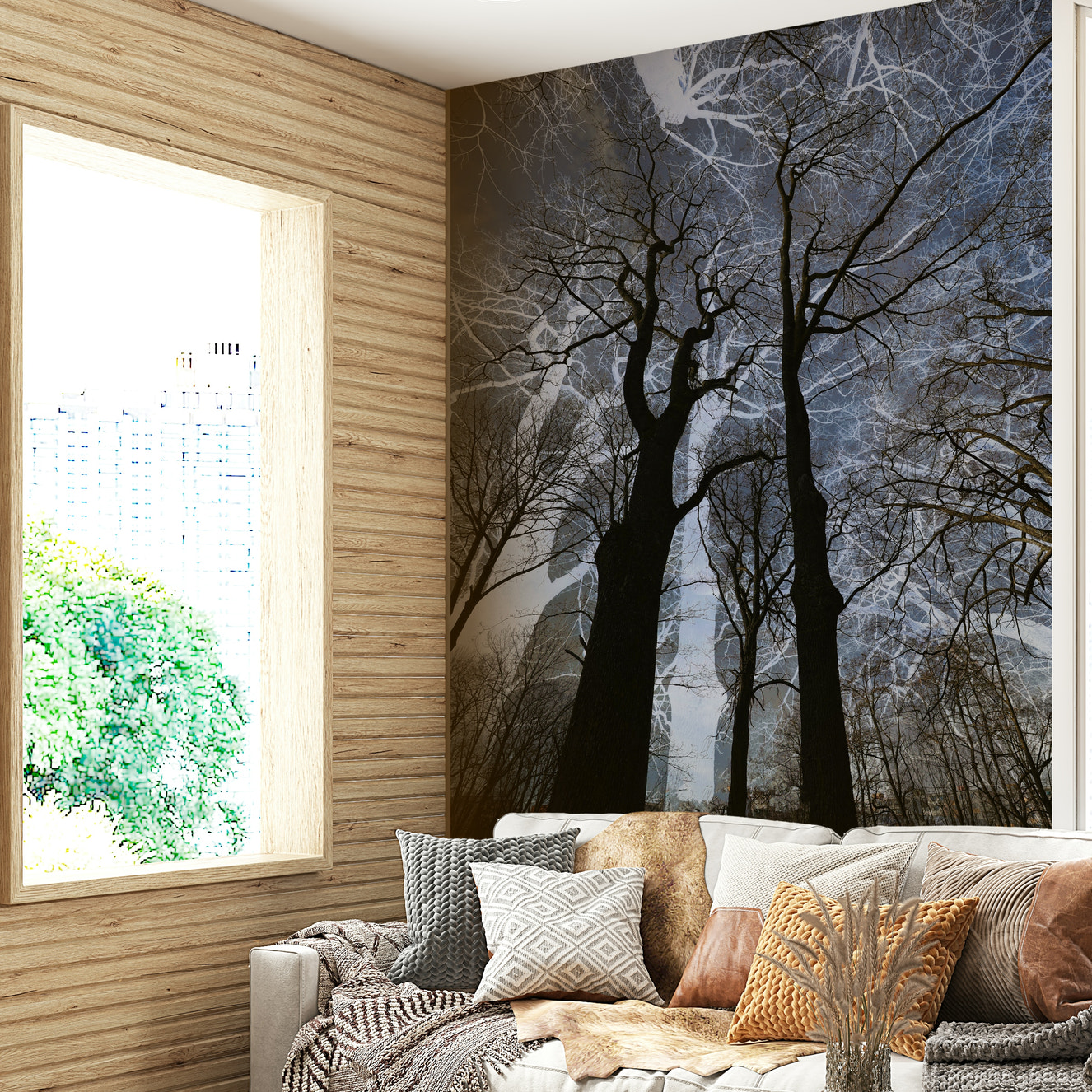 Ethereal Tree Silhouette Art | Abstract Nature Photography | Dark Sky Contrast Wall Mural