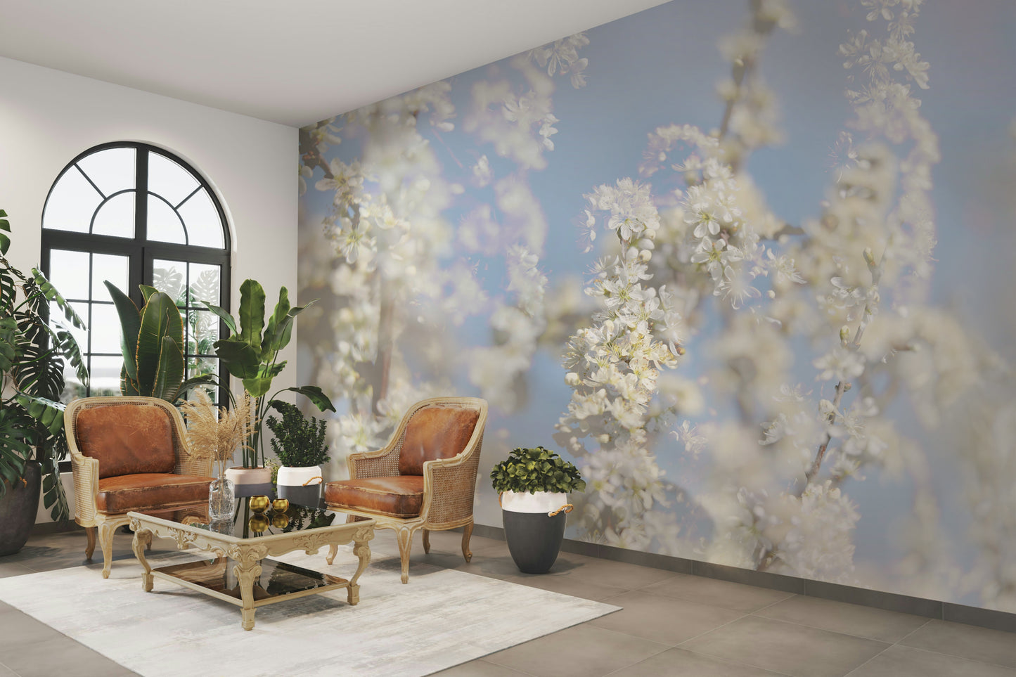 Ethereal Blossom Photography - Soft White Floral Art Print Against Blue Sky Wall Mural