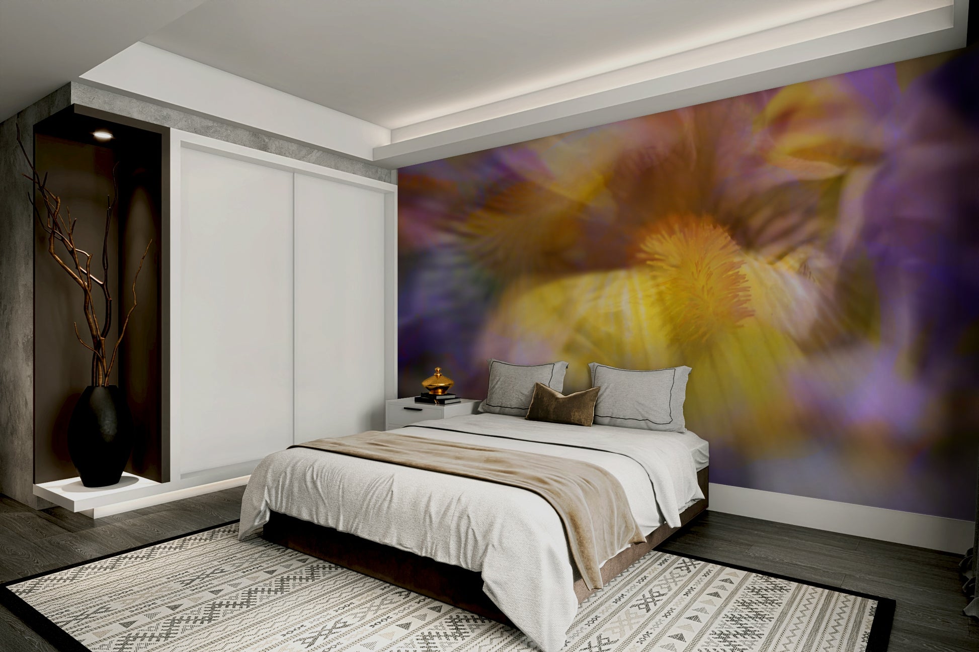 The wallpaper is applied seamlessly, making the entire wall a single piece of art.

