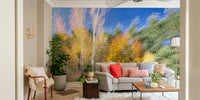 The wallpaper is applied seamlessly, making the entire wall a single piece of art.

