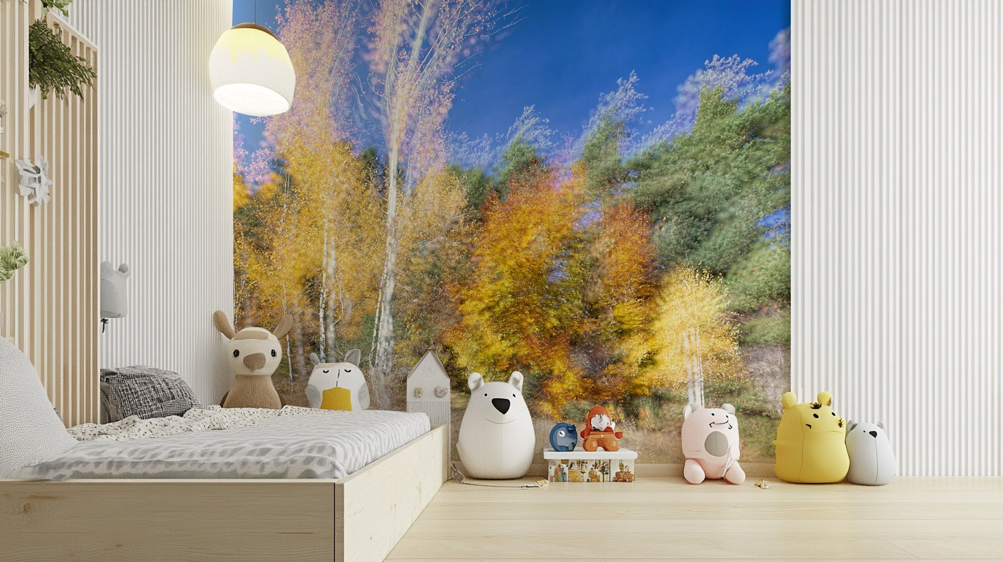 The colors are bold and warm, giving the space a lively feel.

