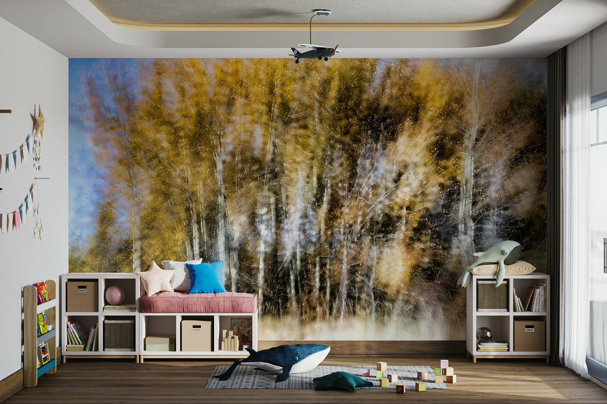 An abstract wall mural showing blurred autumn trees in golden hues.

