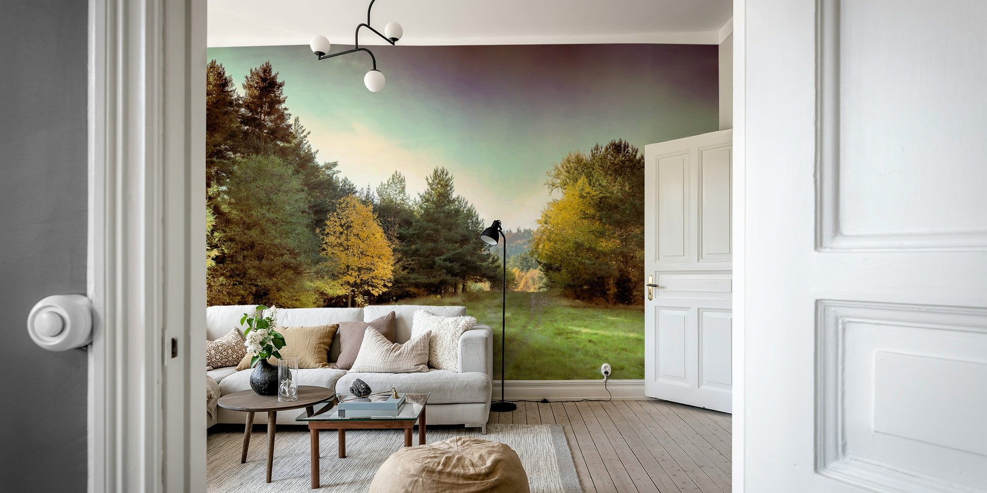 A large-scale nature photography print of a fall landscape.

