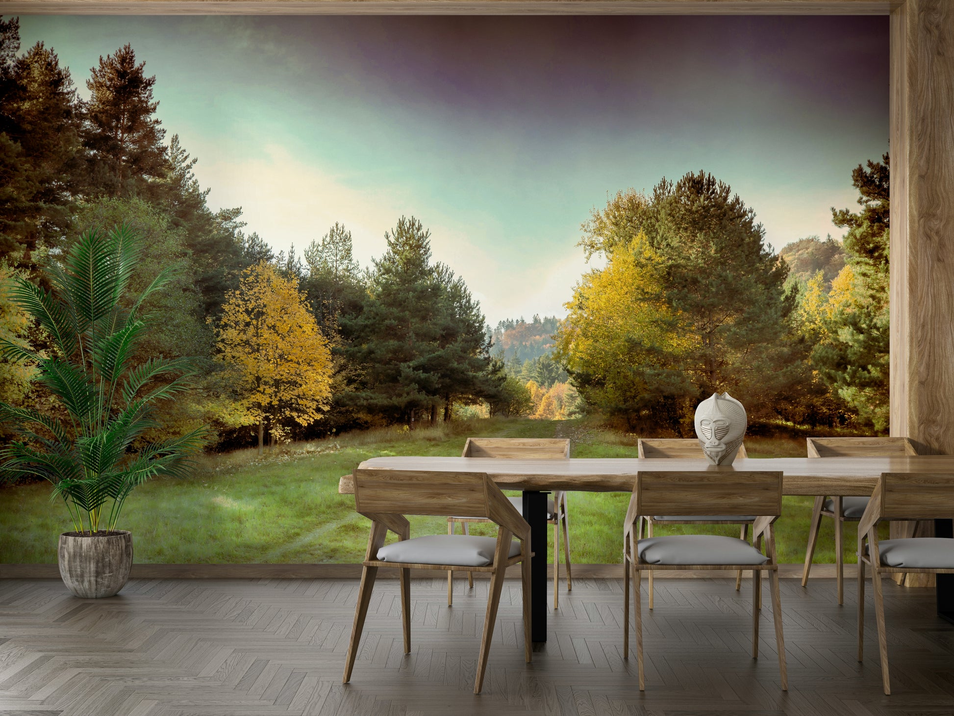 The image shows a path covered in fallen leaves in a tranquil setting.

