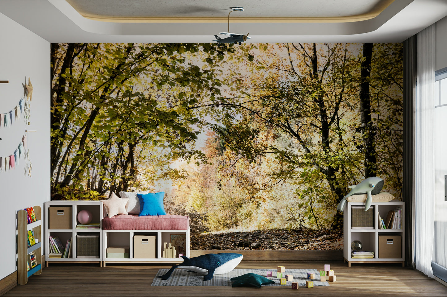 Sunlight filters through the canopy, creating a peaceful glow.

