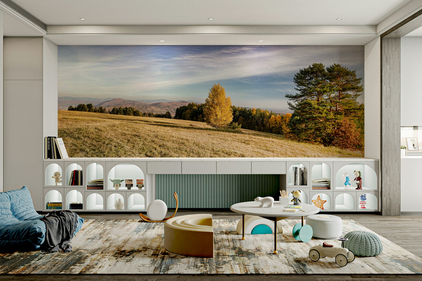 A realistic photo of an autumn meadow wall mural in a bright room.

