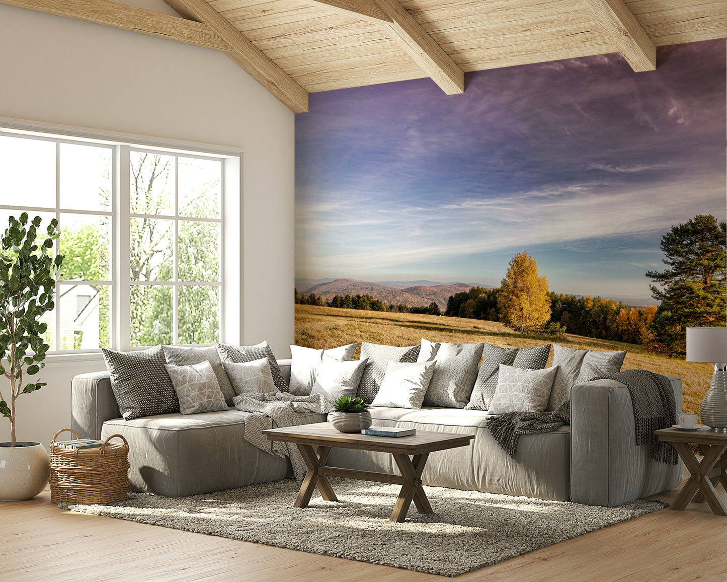 The mural shows a field of golden and brown grasses in gentle sunlight.

