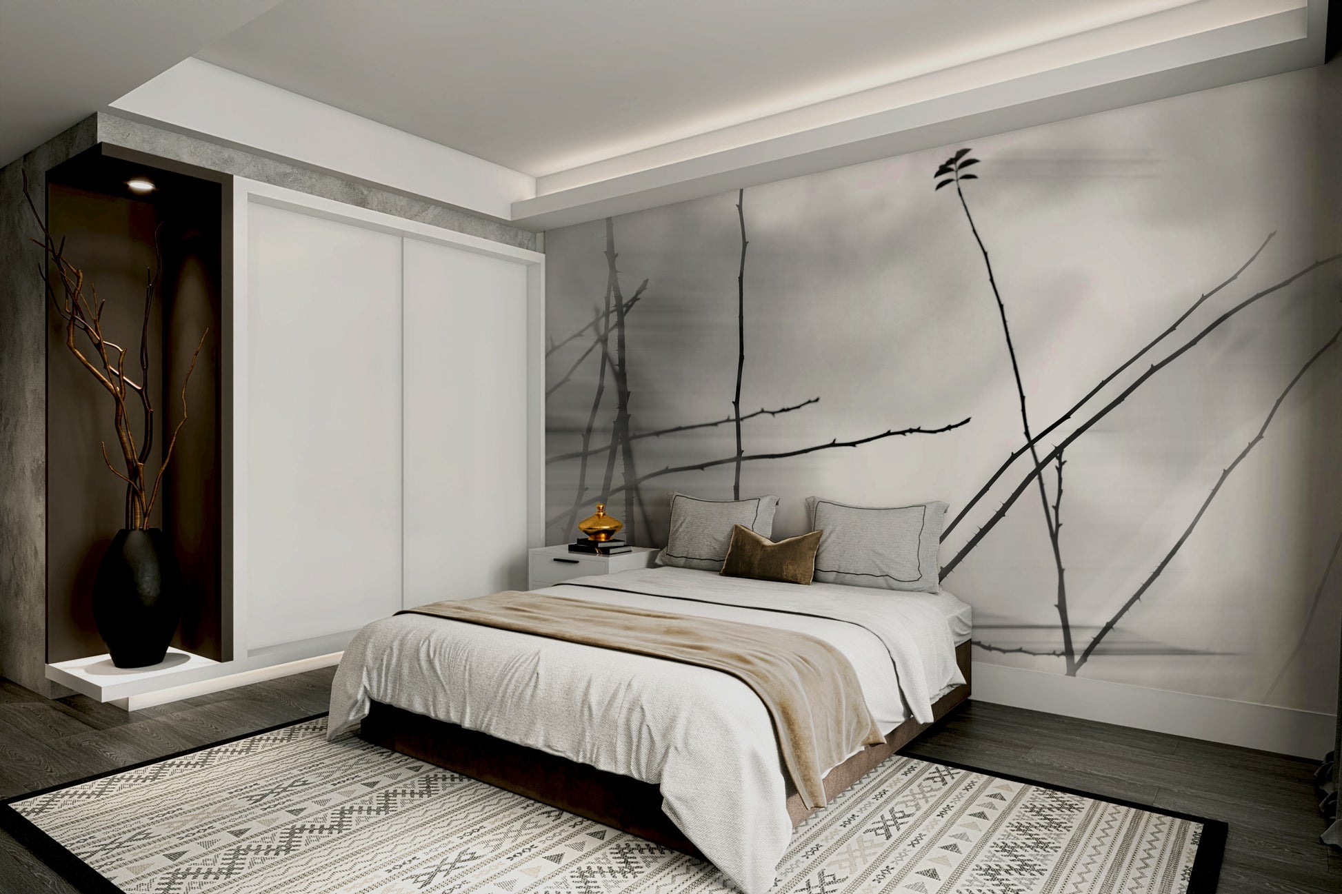 Wall mural with fine tree branches
