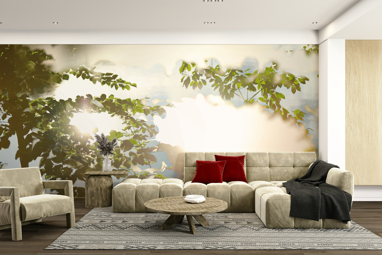 Gentle tree canopy over water mural
