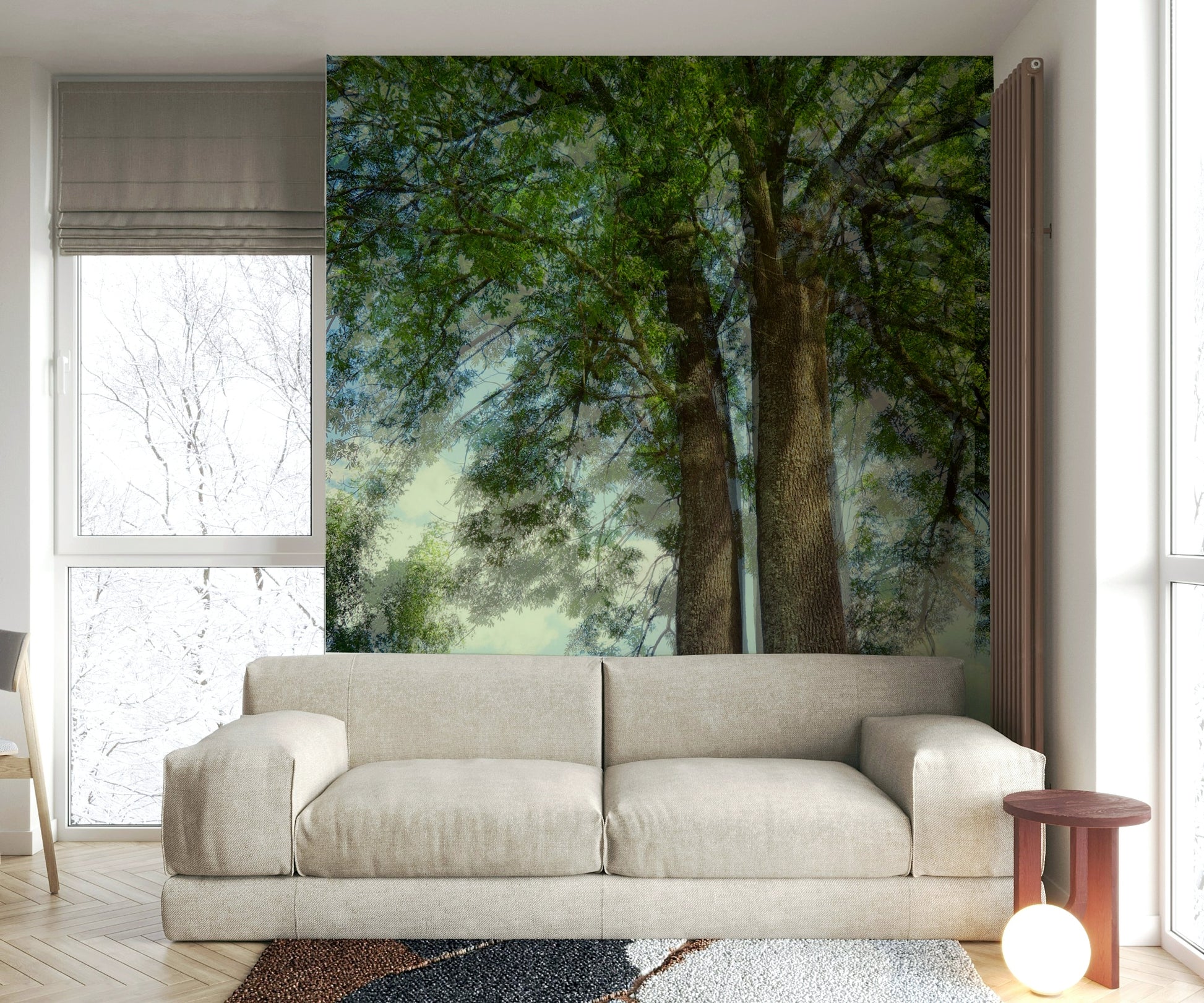 Calm green tree top view mural
