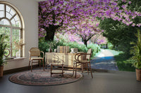 Calm tree-lined trail mural
