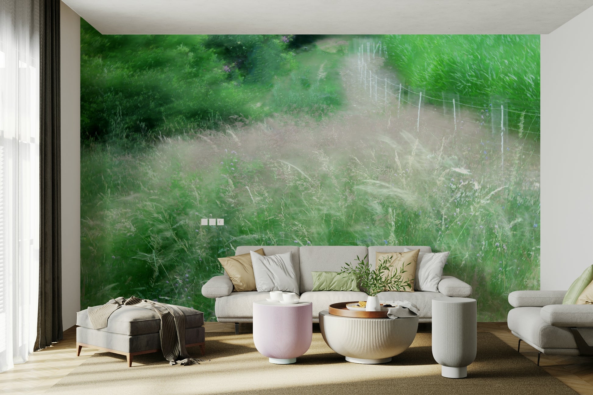 Muted green forest path mural
