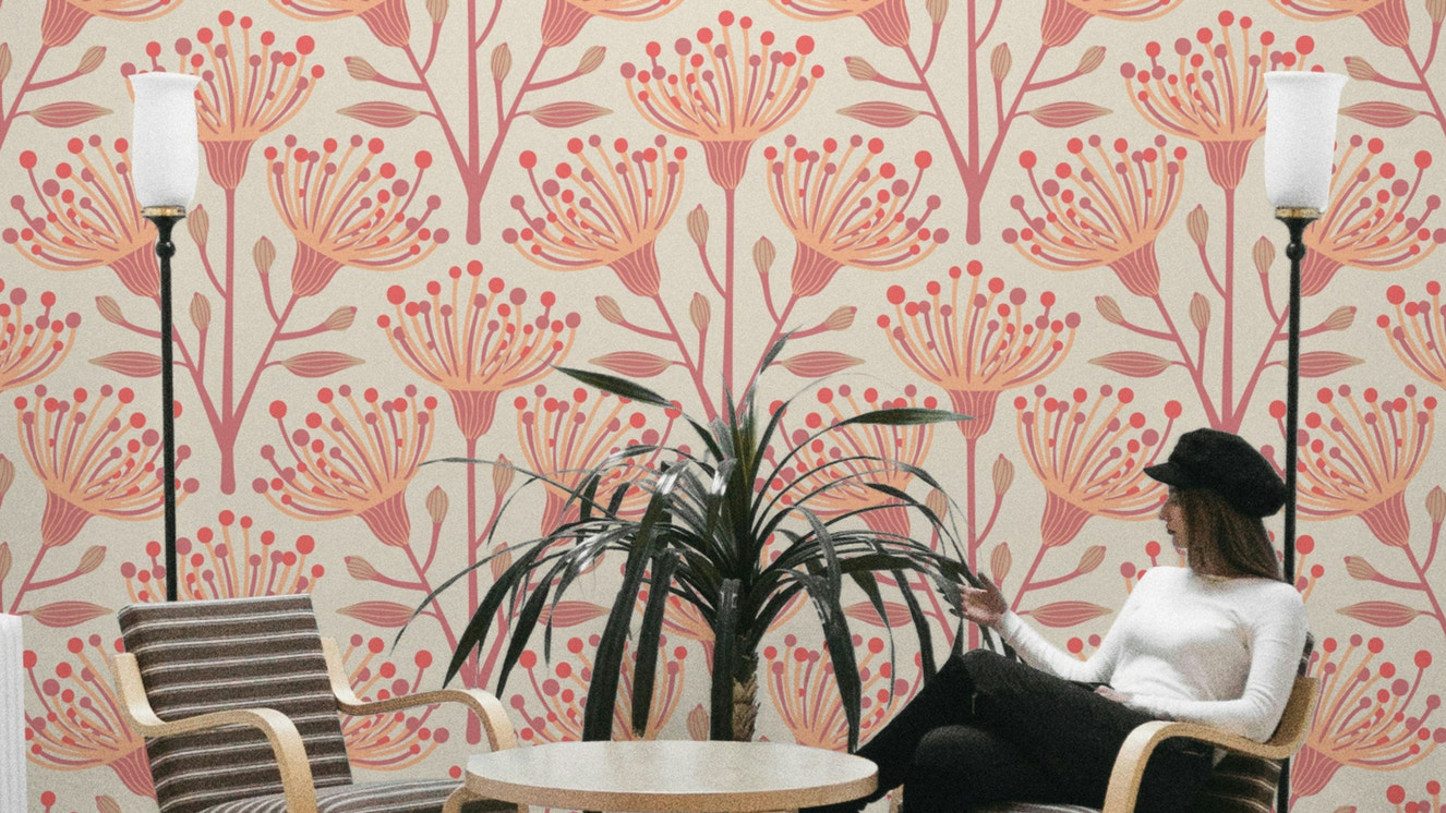 Cream and orange botanical wallpaper
