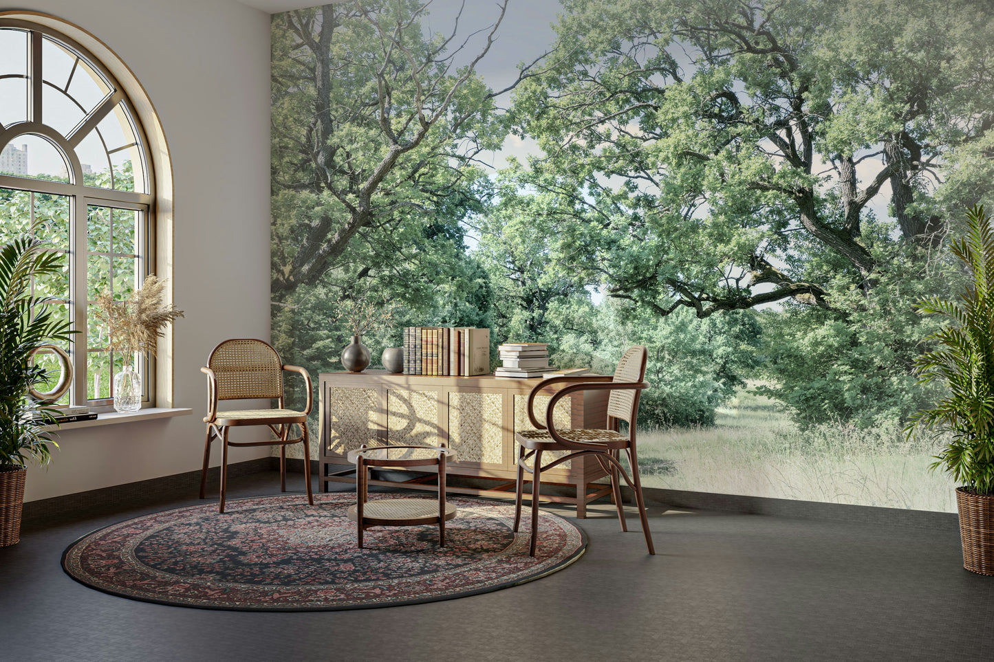 Tranquil trees and grass wallpaper
