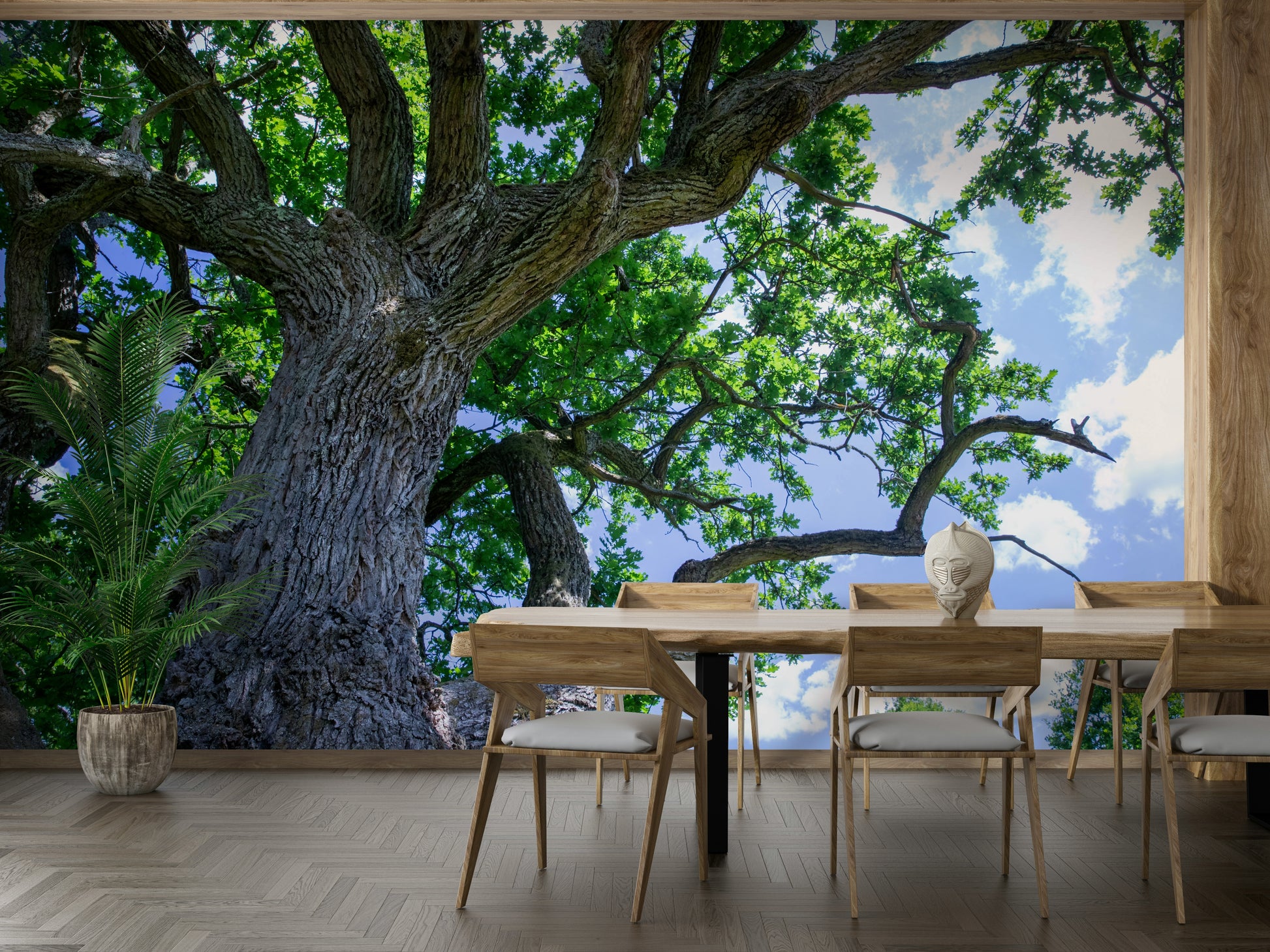 Majestic oak with sky mural design
