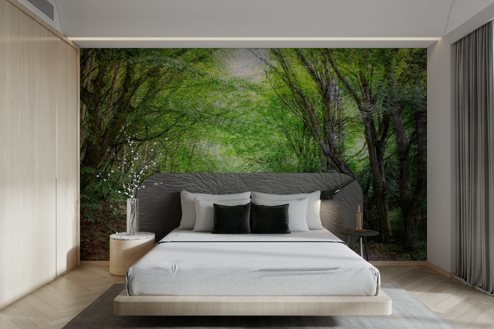 Sunlit forest path mural wallpaper
