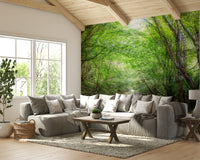 Tranquil green forest trail mural
