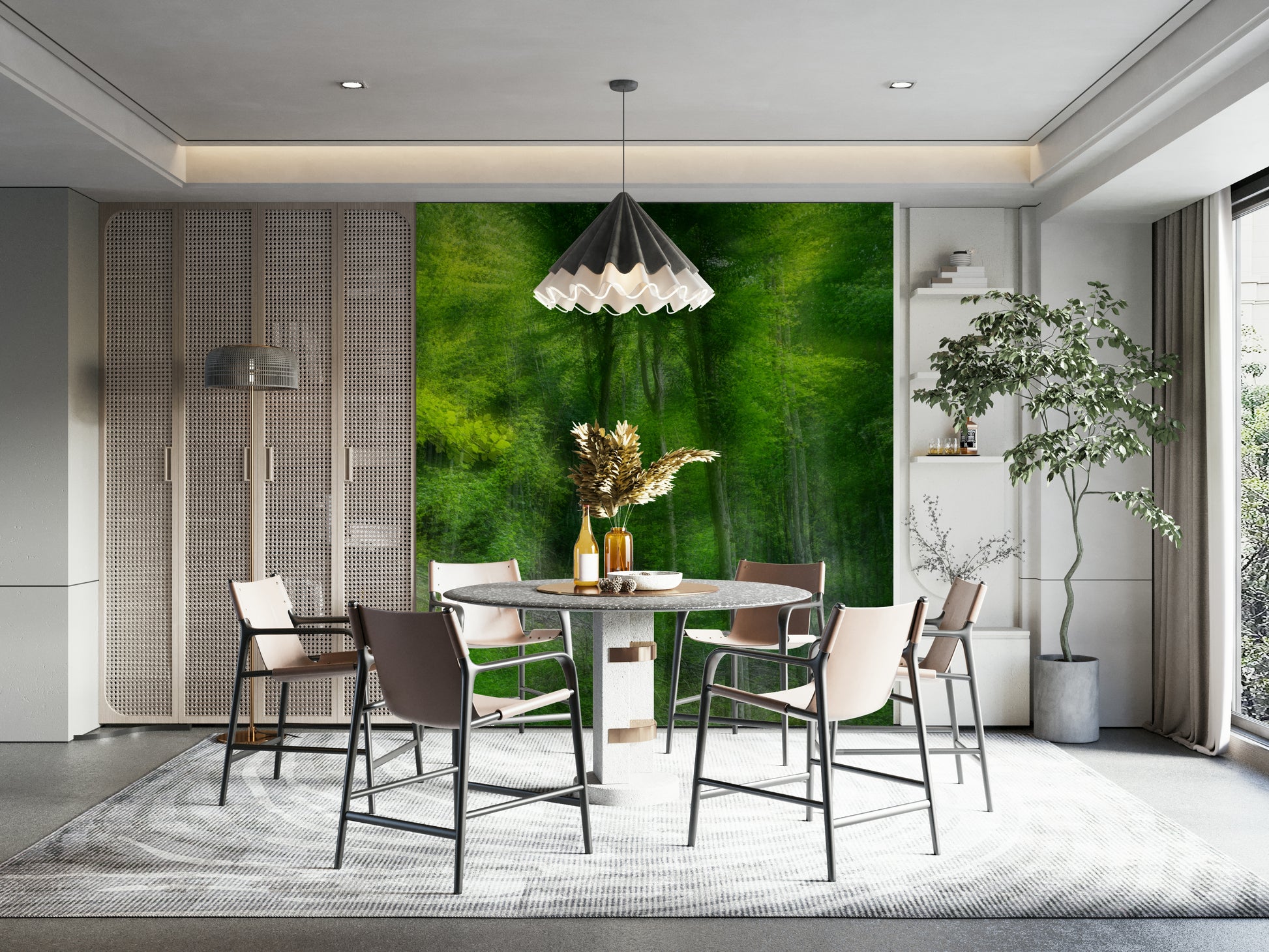 Lush green abstract nature mural
