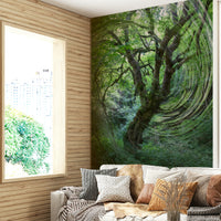 Bold tree mural in green tones
