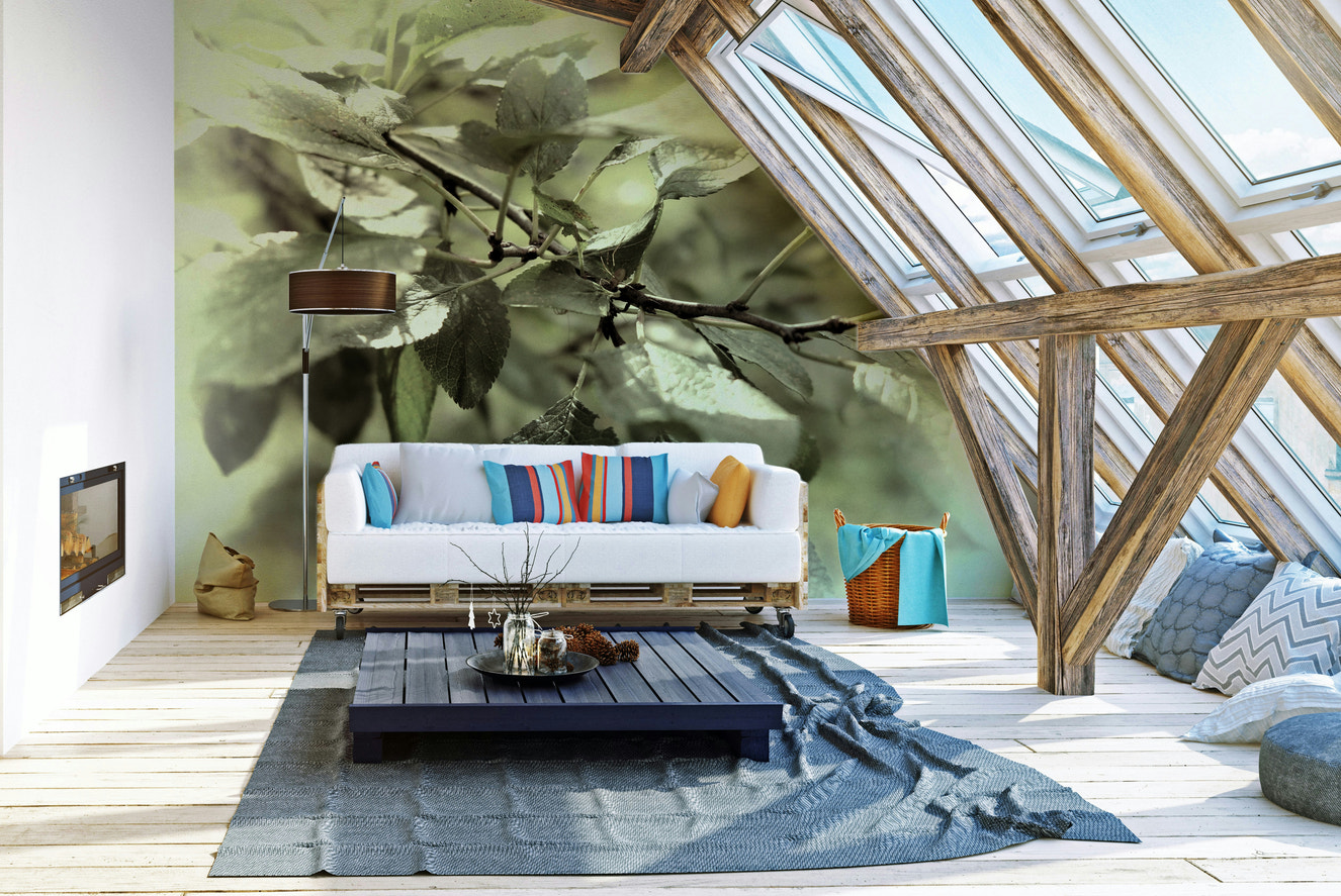 Botanical mural wallpaper with green leaves
