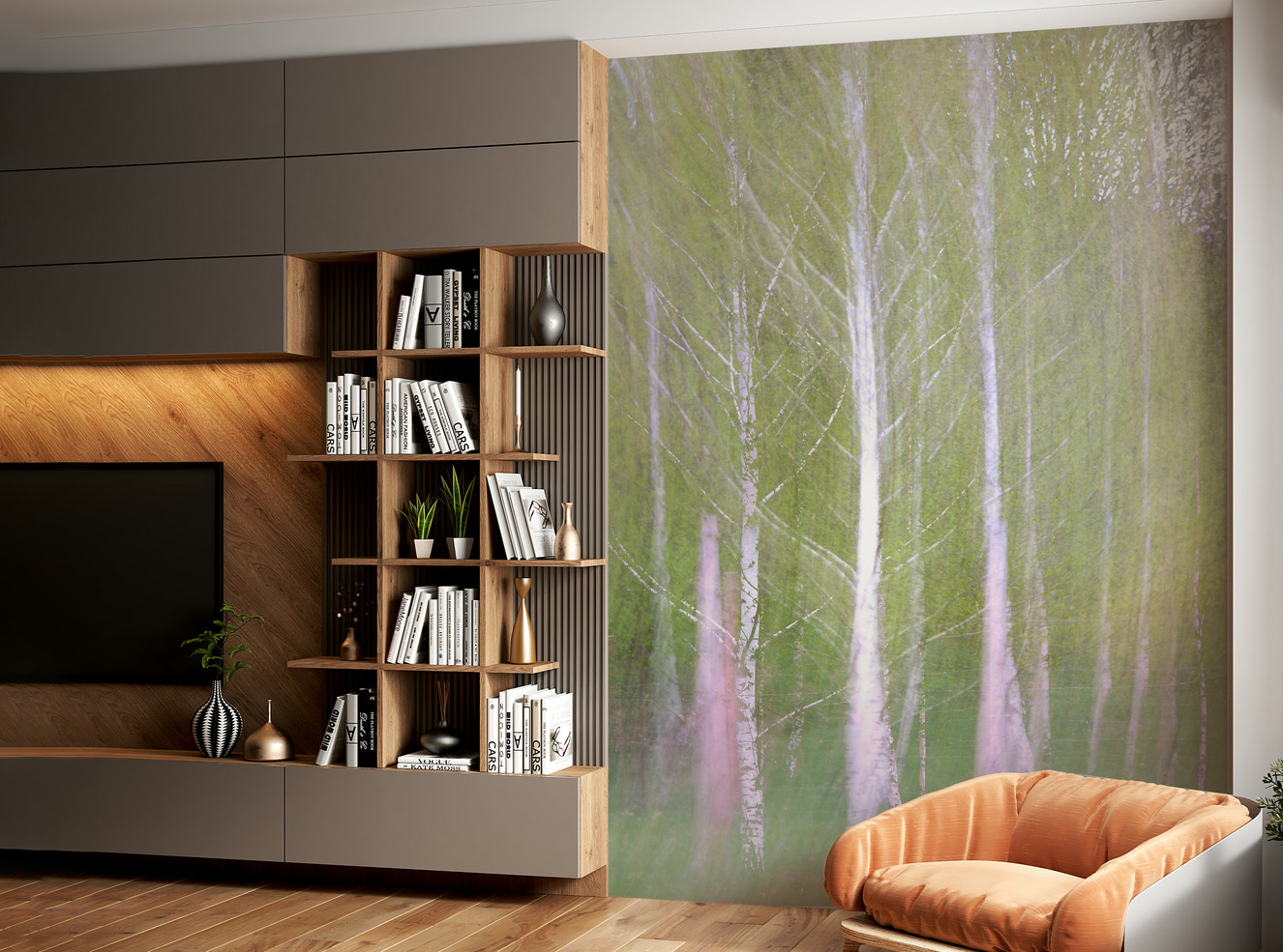 Wall mural showing an artistic, soft-focus photo of a birch tree forest.

