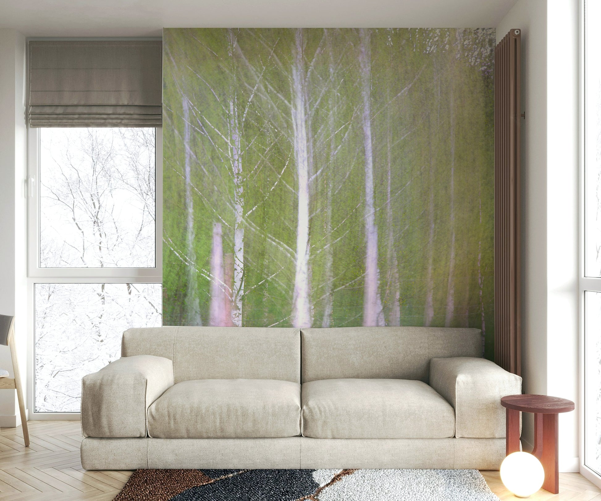 The vertical lines of the birch trunks give a feeling of height and space.


