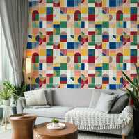 Artistic wall mural with modern tiles
