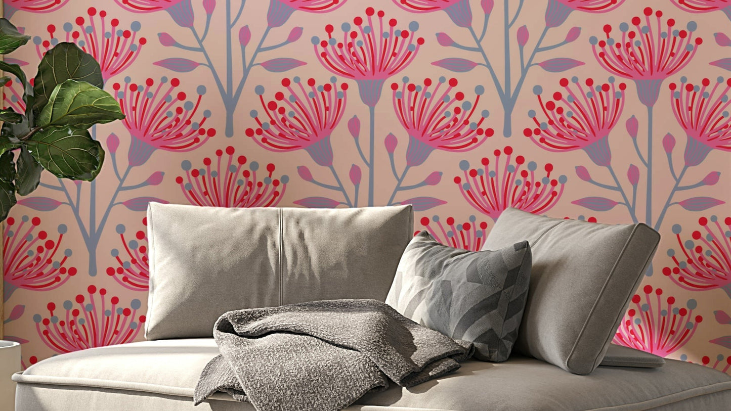 Eucalyptus Floral Botanical Lavender Red Fuchsia Pink Wallpaper.

