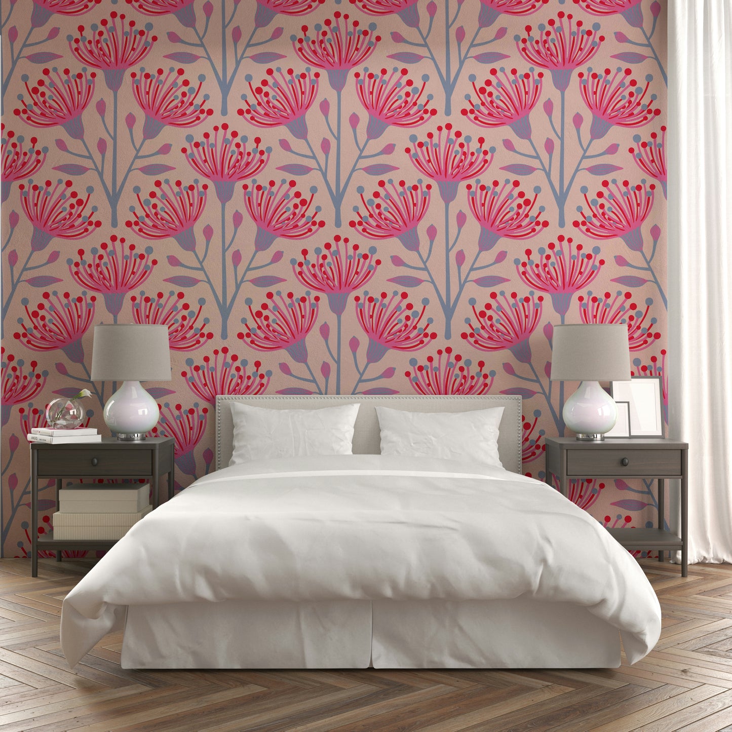 Hand-drawn style floral and leaf motifs.

