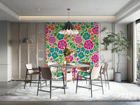 Sayulita Tropical Retro Floral Botanical Rainbow Brights on Cream Wallpaper.

