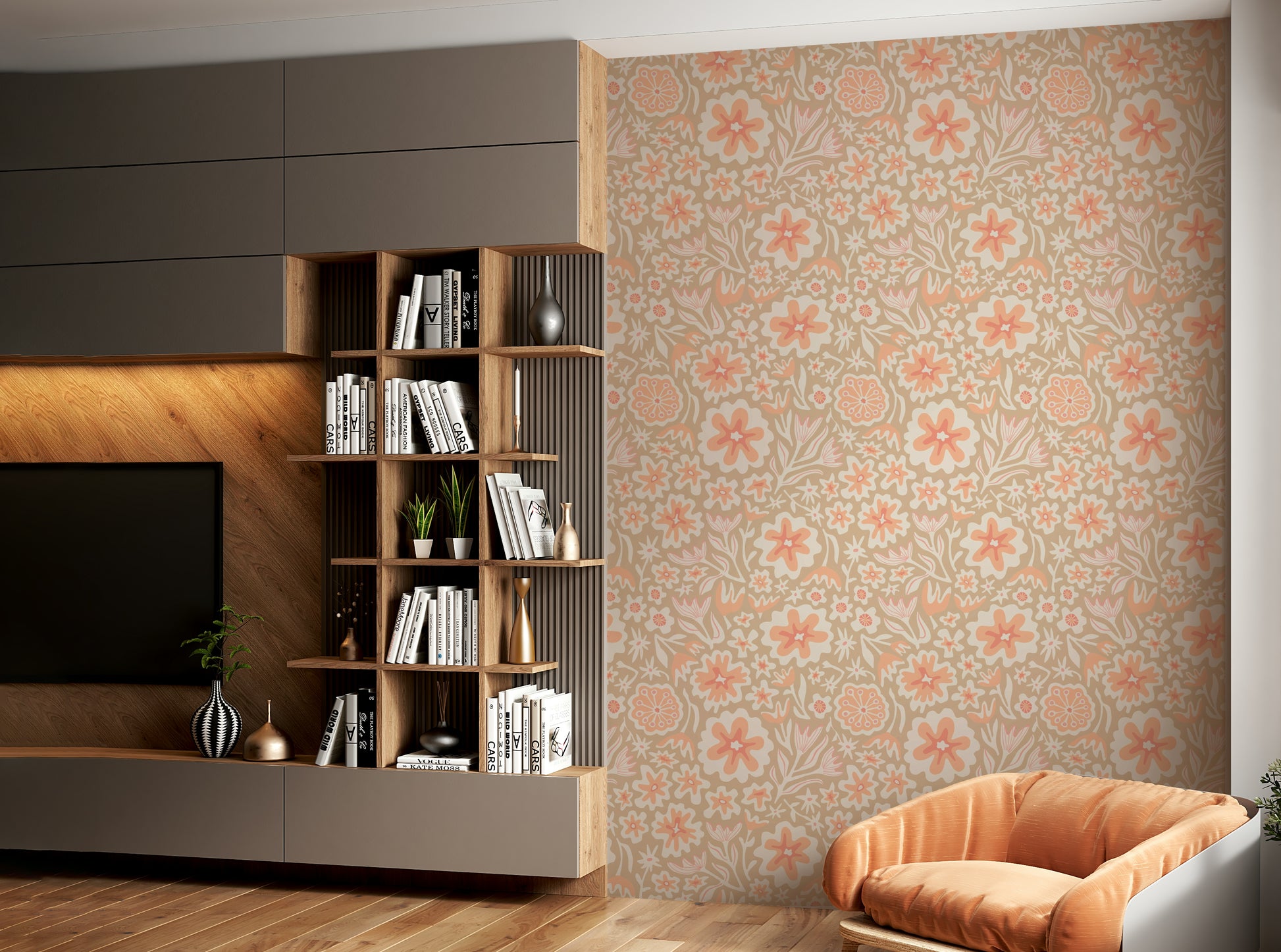 Retro-style floral and botanical motifs on a subtle background.

