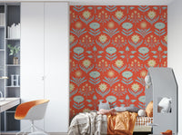 Tami Mid Century Modern Scandi Retro Floral Cottage Blue Cream Coral Orange Wallpaper.

