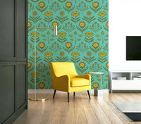 Tami Mid Century Modern Scandi Retro Floral Vintage Olive Green Brown Turquoise Wallpaper.

