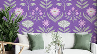 Tami Mid Century Modern Scandi Retro Floral Cottage Pink Gray Purple Wallpaper.

