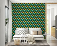 Stylized floral and leaf patterns in rainbow colors on a dark green wall.

