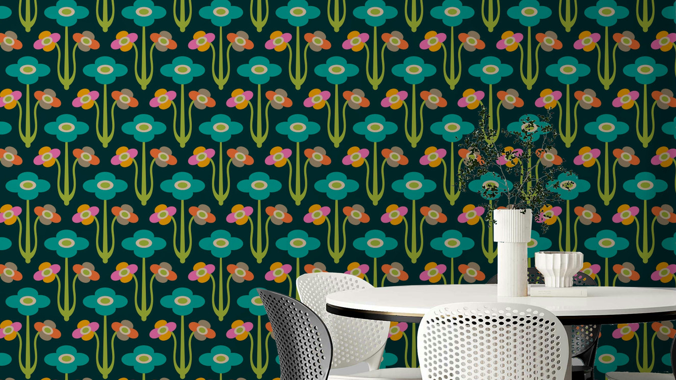 Yvette Mid Century Modern Scandi Retro Floral Rainbow Brights Dark Green Wallpaper.

