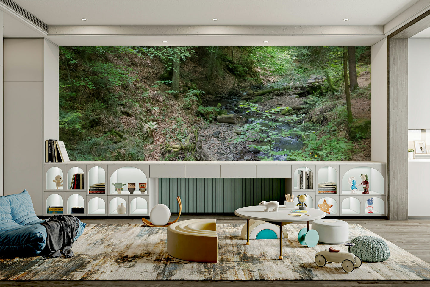 Gentle forest stream flowing through vibrant green foliage on a wall.

