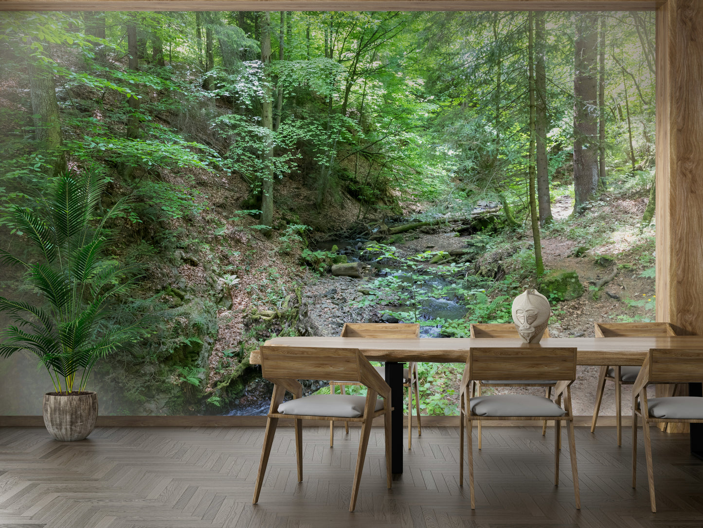 Lush green trees, ferns, and moss in a wall mural.

