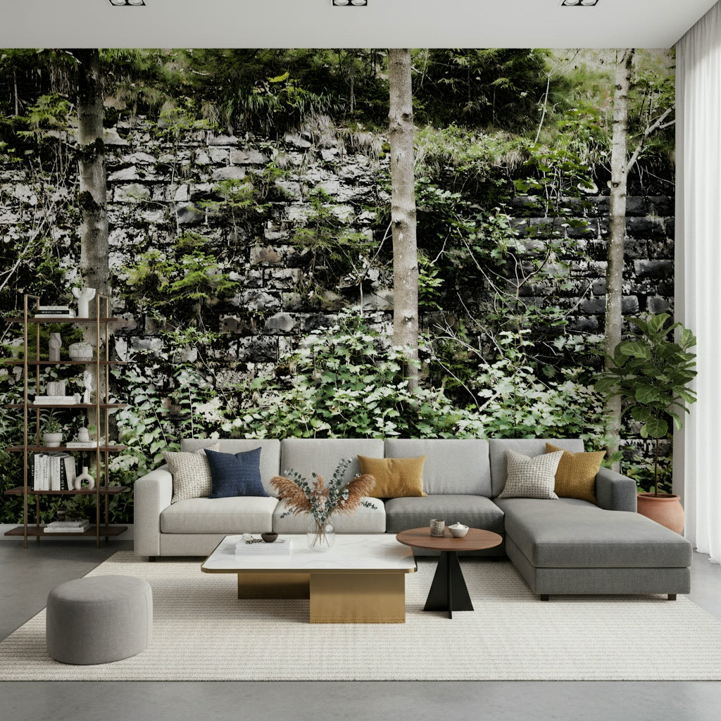 Overgrown Serenity: Nature's Embrace of Abandoned Stone Walls Wall Mural