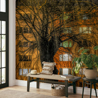 Urban Nightscape Tree Silhouette Against Illuminated Building Wall Mural.

