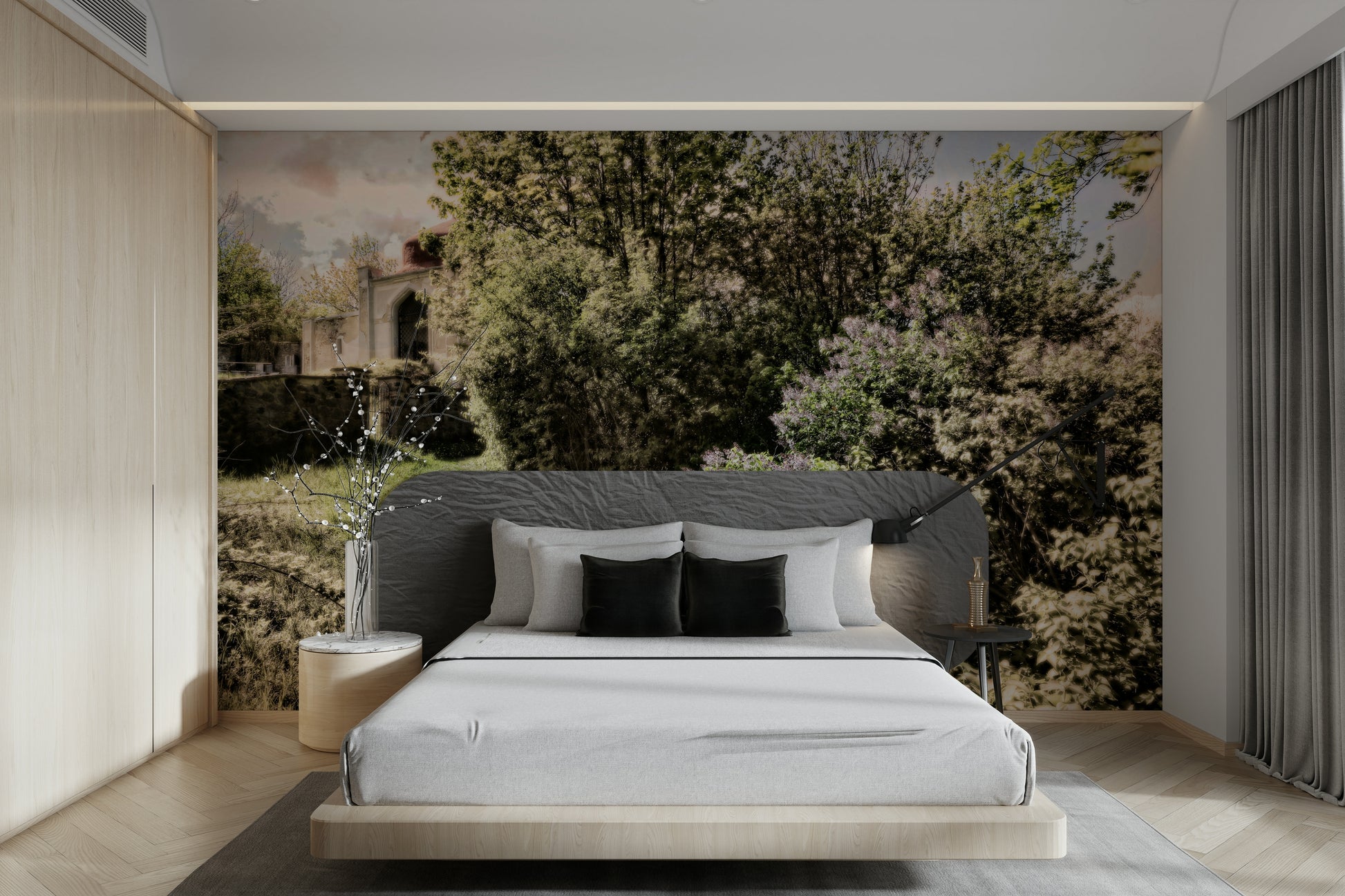 Lush green foliage bordering a walking path.

