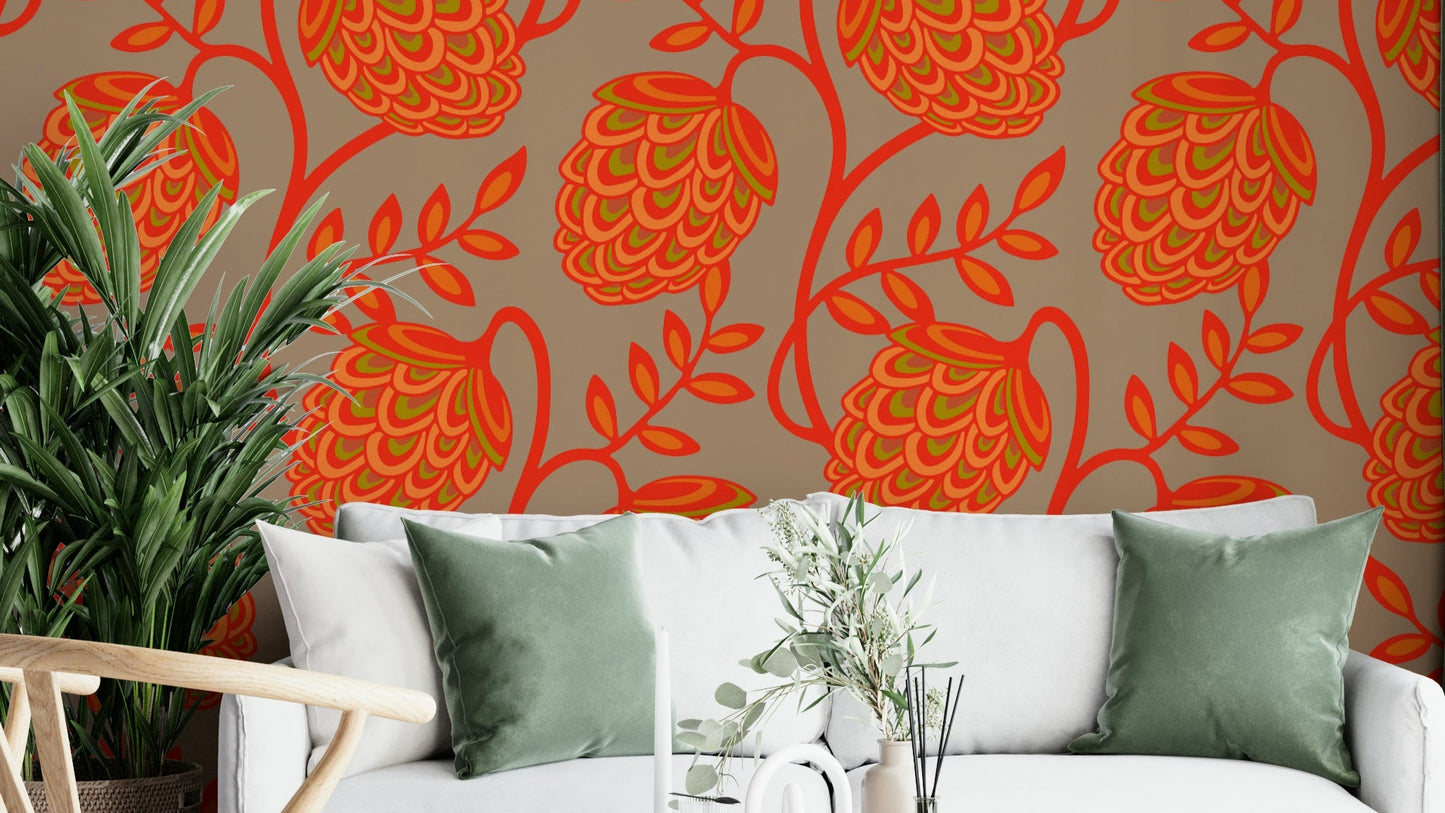 Stylized flowers and flowing lines.

