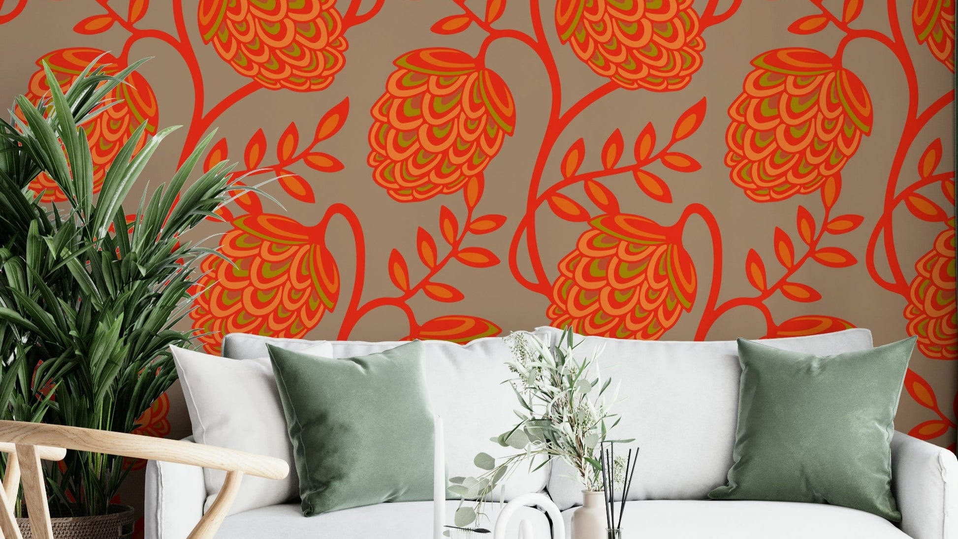 Stylized flowers and flowing lines.

