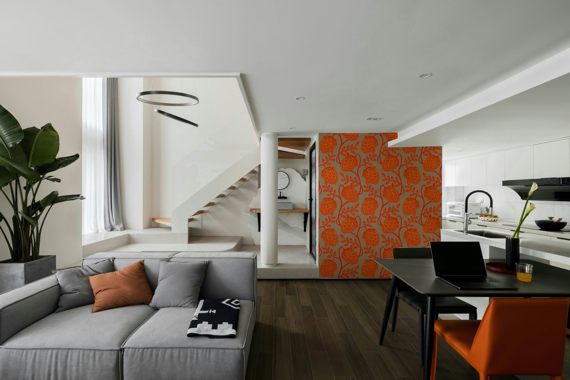 Coral orange and warm beige colors.

