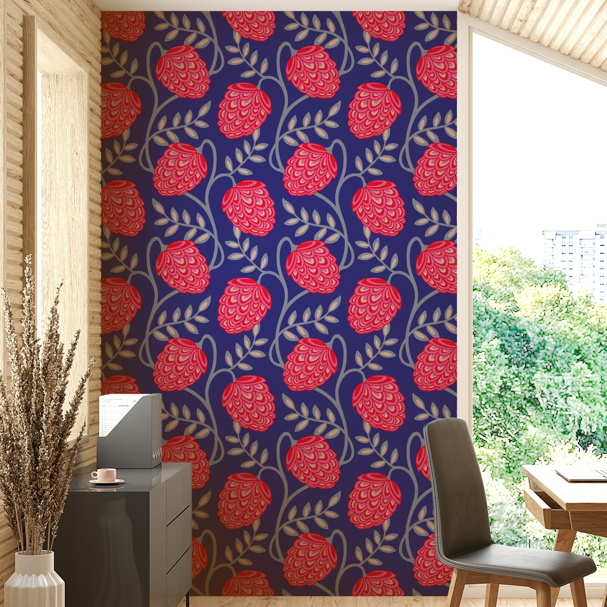 Stylized flowers and flowing lines.

