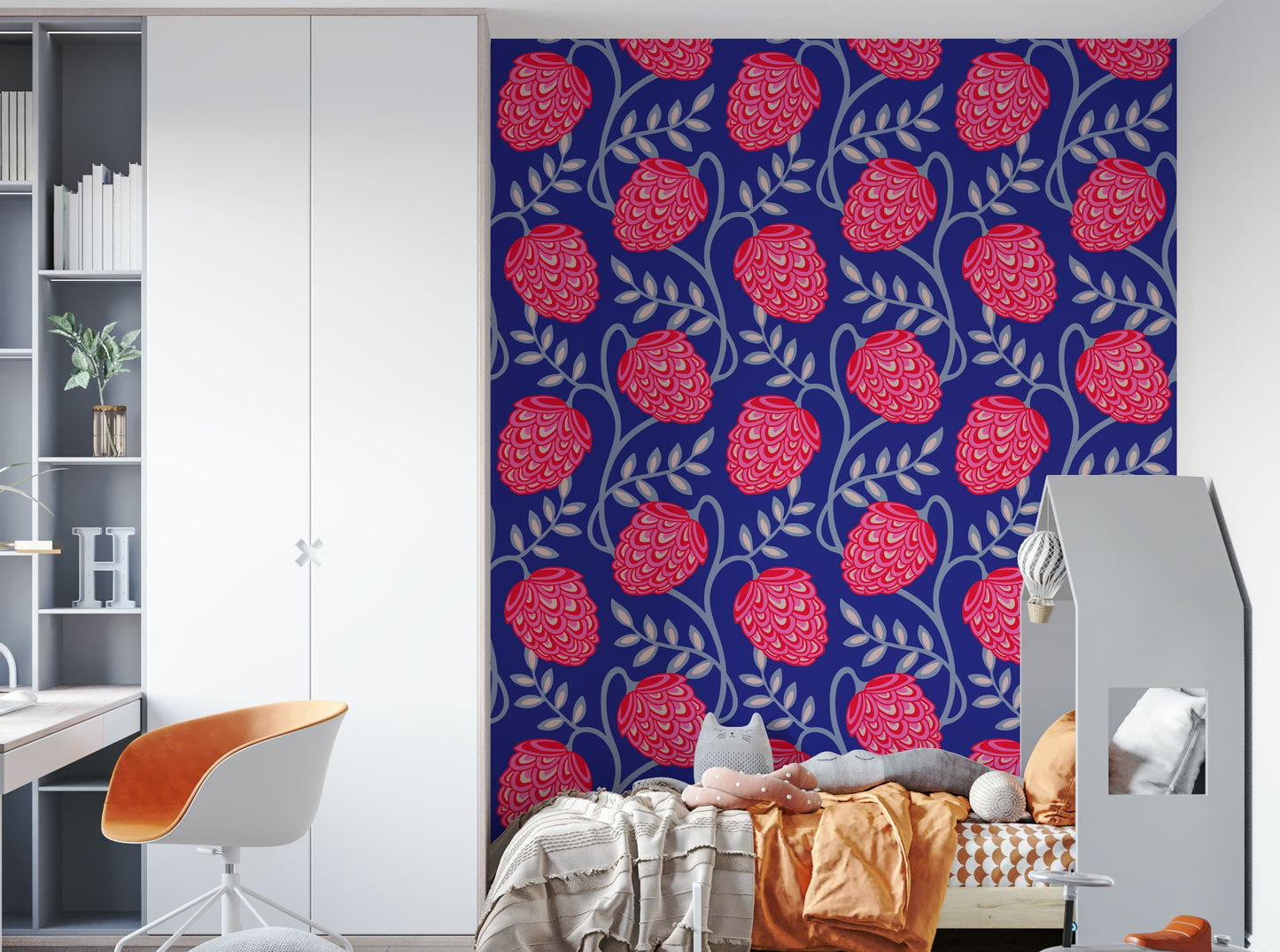 Bold botanical illustrations on wallpaper.

