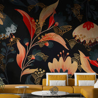 Intricate details of petals and foliage against a dark background.
