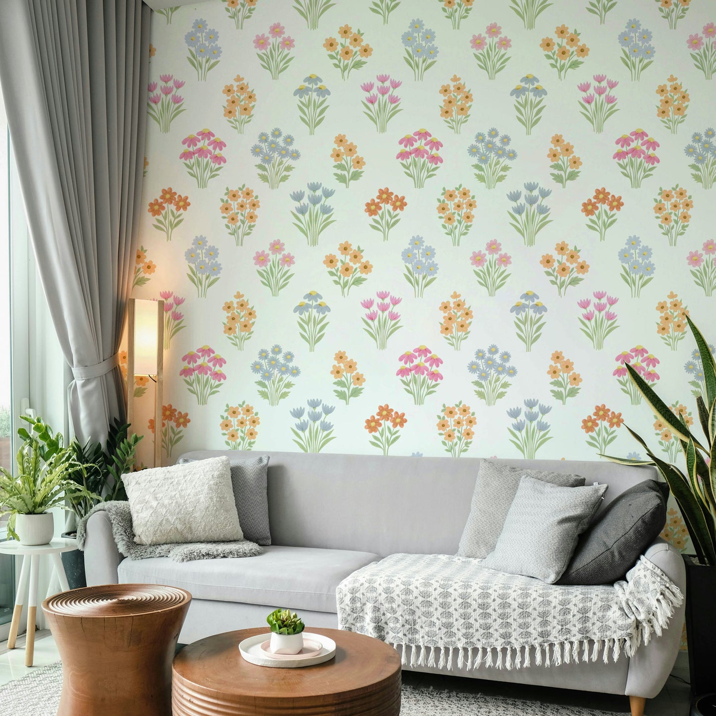 Soft pastel floral wallpaper with a whimsical style.

