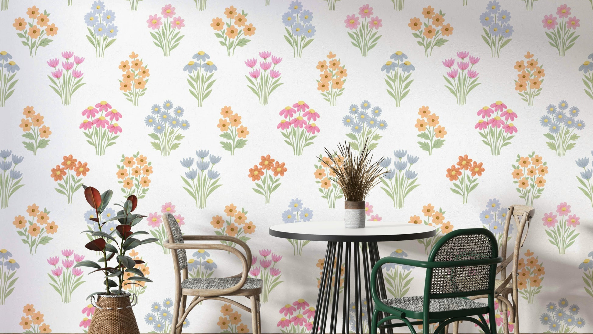 Whimsical Pastel Flowers Cottagecore Folk Floral Bouquet Wallpaper.
